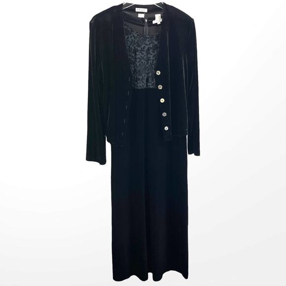 90s FOCUS Vintage Black Velvet Jacket Dress Set with Shoulder Pads - Picture 13 of 14